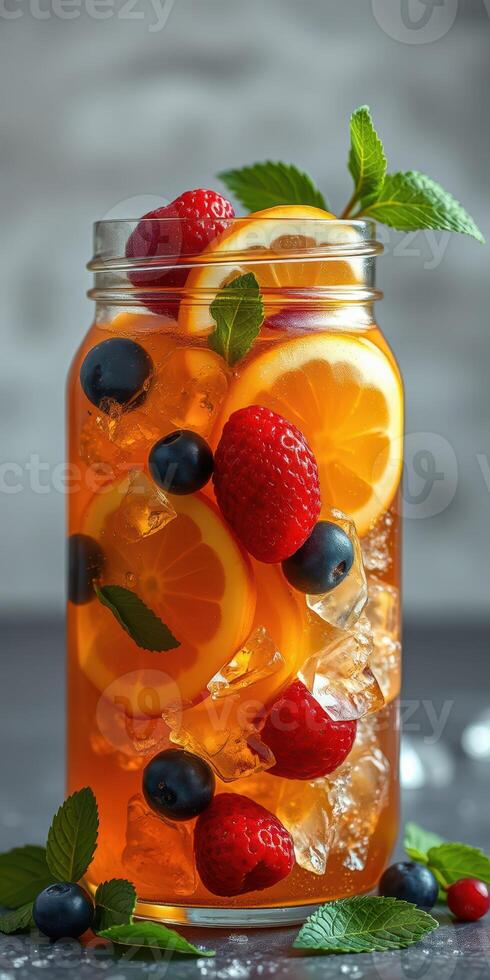 Refreshing summer beverage with citrus fruits, berries, and mint served in a jar photo