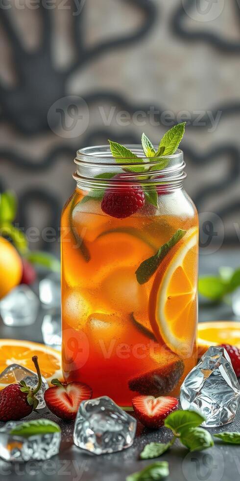 Refreshing iced tea with fruits and mint served in a mason jar on a table photo