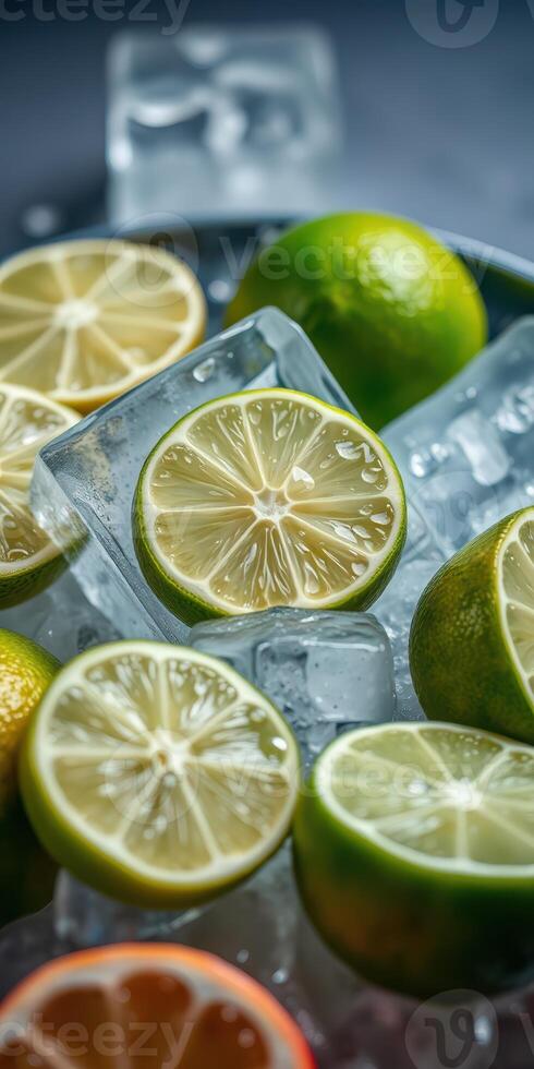 Freshly sliced limes surrounded by ice cubes create a refreshing visual display in a summer setting photo