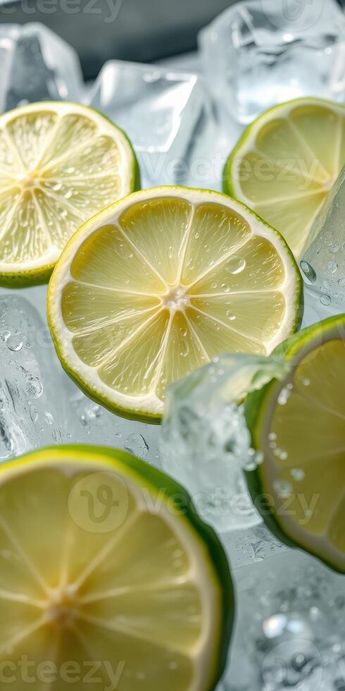 Freshly sliced limes on ice with droplets, perfect for drinks and refreshments during summer photo