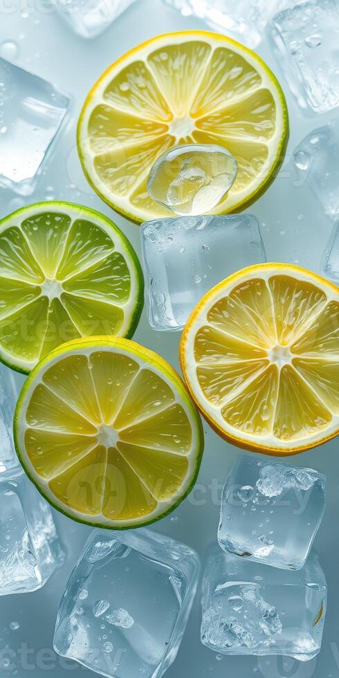 Fresh citrus slices on ice create a vibrant and refreshing visual for summer drinks photo