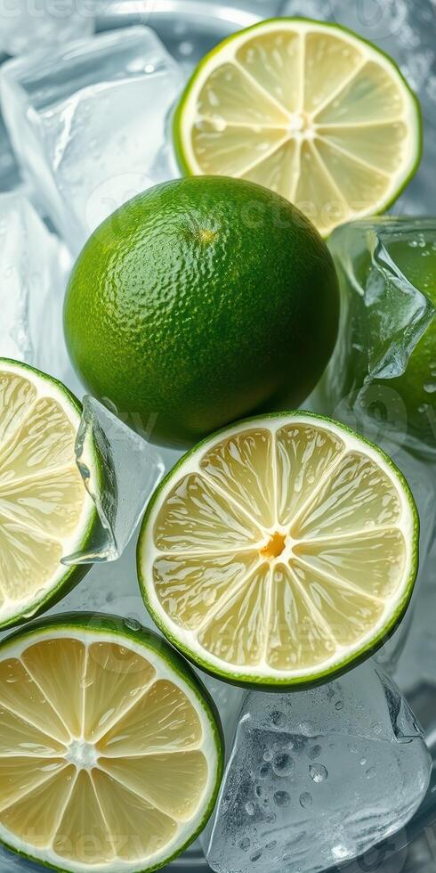 Freshly sliced limes resting on ice, highlighting their vibrant green color and juicy texture in a refreshing display photo
