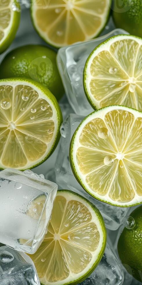 Freshly sliced limes on ice creating a vibrant and refreshing drink preparation setting photo