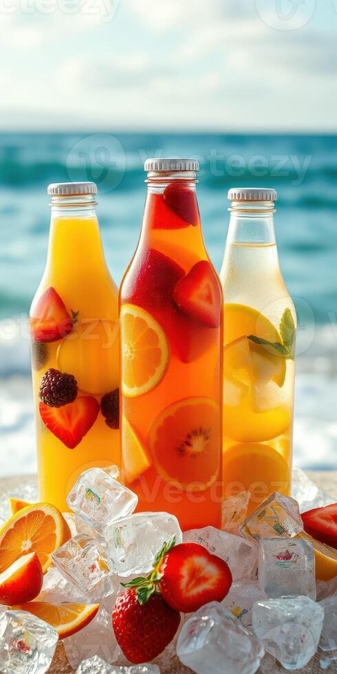 Refreshing fruit drinks in clear bottles beside the ocean on a sunny day photo