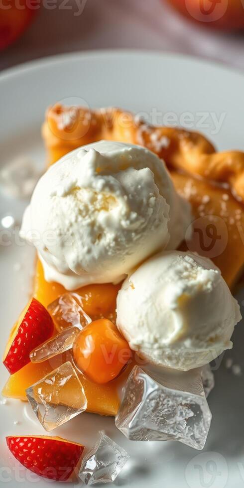 Delicious slice of apple pie topped with creamy ice cream and fresh fruit served on a white plate photo