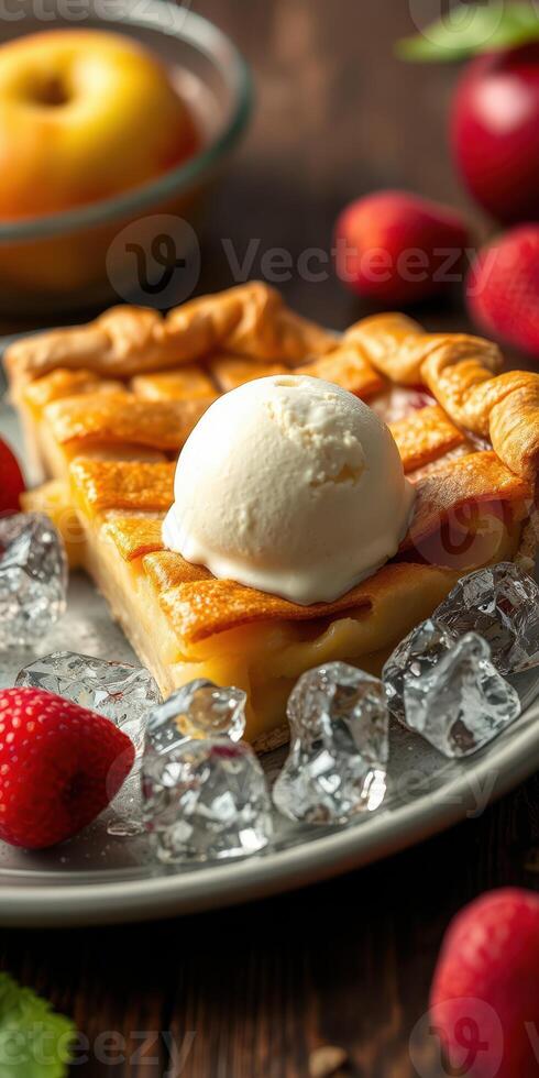 Delicious homemade fruit pie topped with ice cream served on a plate with fresh strawberries and ice photo