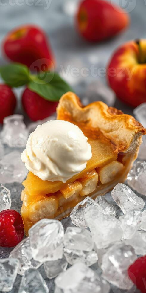 Delicious apple pie slice topped with whipped cream surrounded by fresh fruits and ice photo