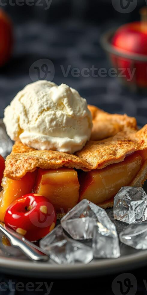 Delicious apple pie with a scoop of creamy ice cream and maraschino cherries on a plate photo