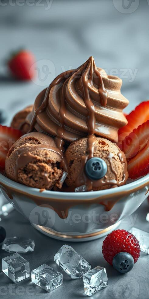 Decadent chocolate swirl ice cream topped with fresh berries and chocolate sauce at a dessert bar photo
