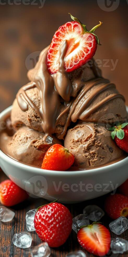 Delicious chocolate ice cream topped with fresh strawberries and drizzled with sauce in a bowl with ice photo