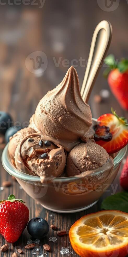 Chocolate ice cream served in a glass bowl with strawberries and blueberries on a wooden table photo