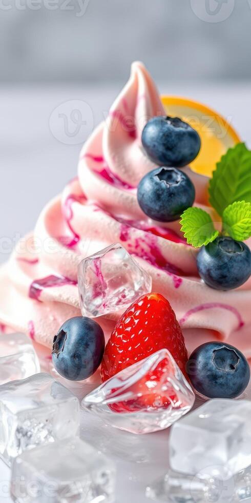 Colorful soft serve dessert topped with blueberries, strawberries, and mint leaves served on crushed ice photo