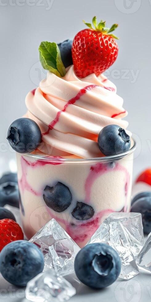 Delicious dessert featuring layered frozen yogurt topped with berries and syrup in a decorative cup photo
