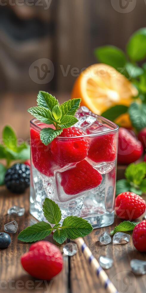 Refreshing summer cocktail featuring fresh raspberries, mint leaves, and citrus slices on wooden table photo