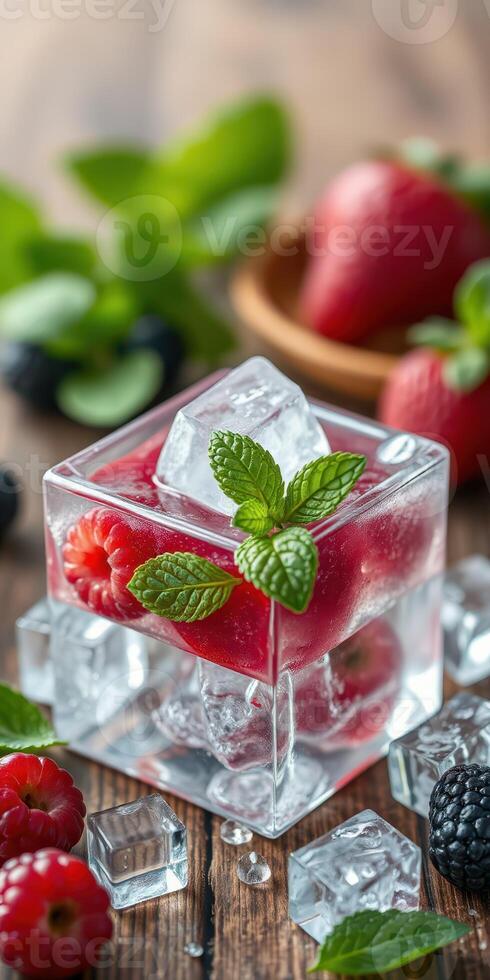 Refreshing berry drink with ice and mint served in a clear glass cube on a wooden table photo
