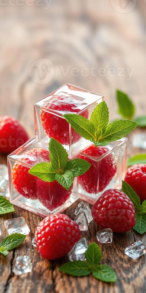 Fresh raspberries and mint leaves arranged beautifully with ice cubes on a rustic wooden surface photo