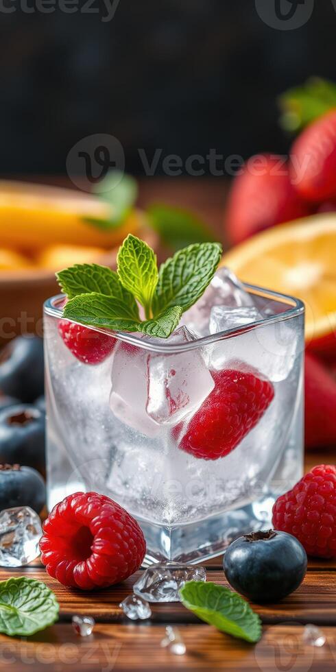 Refreshing summer cocktail with fresh berries and mint served in a clear glass photo