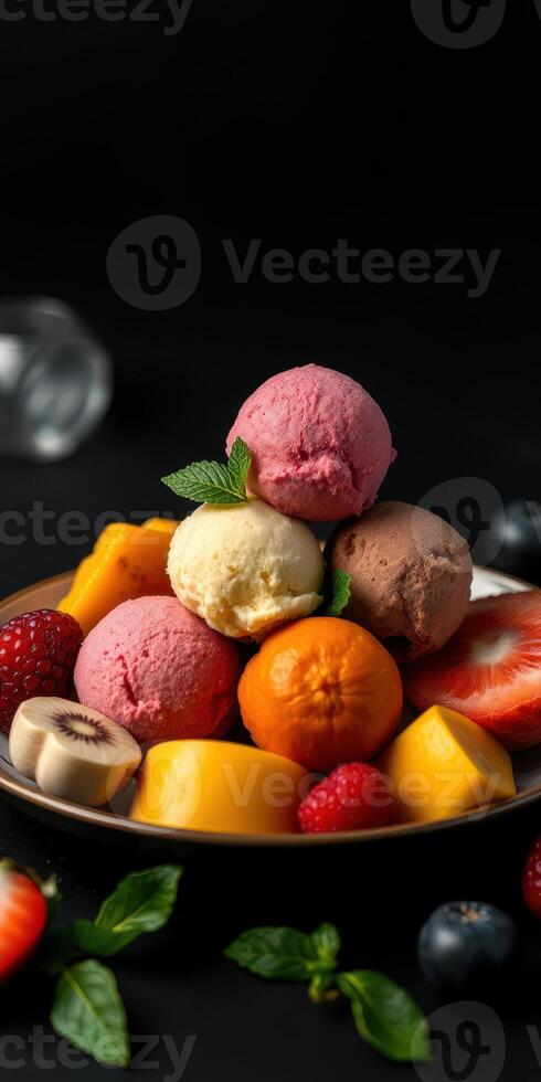 Colorful ice cream and fresh fruit dessert served in a bowl on a dark background photo