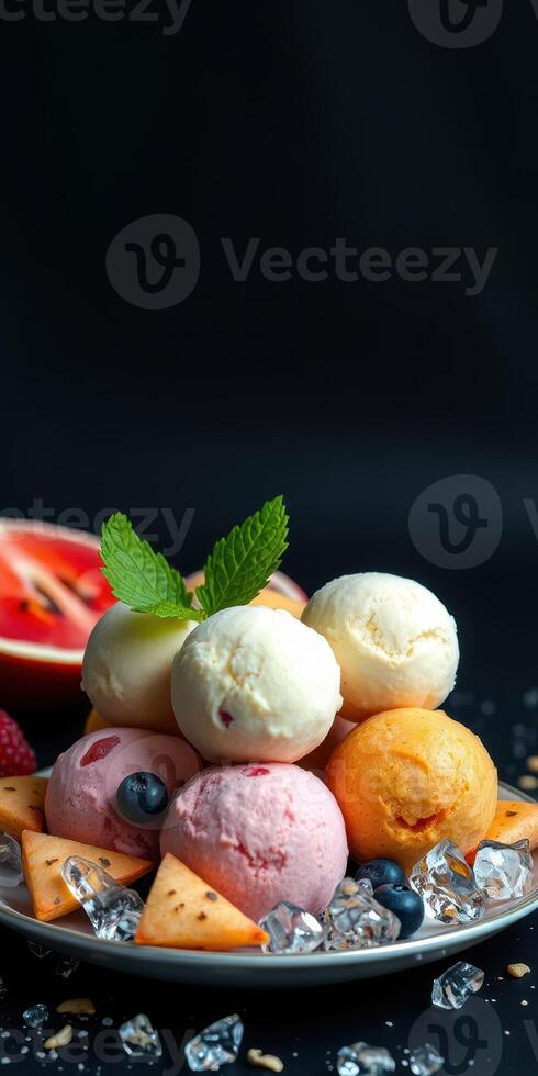 Colorful assortment of ice cream scoops served with fresh fruit garnishes on a plate photo