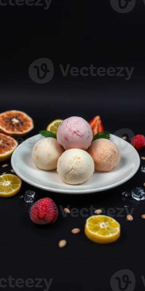 Colorful ice cream scoops served on a plate with fresh fruit and ice on a dark background photo