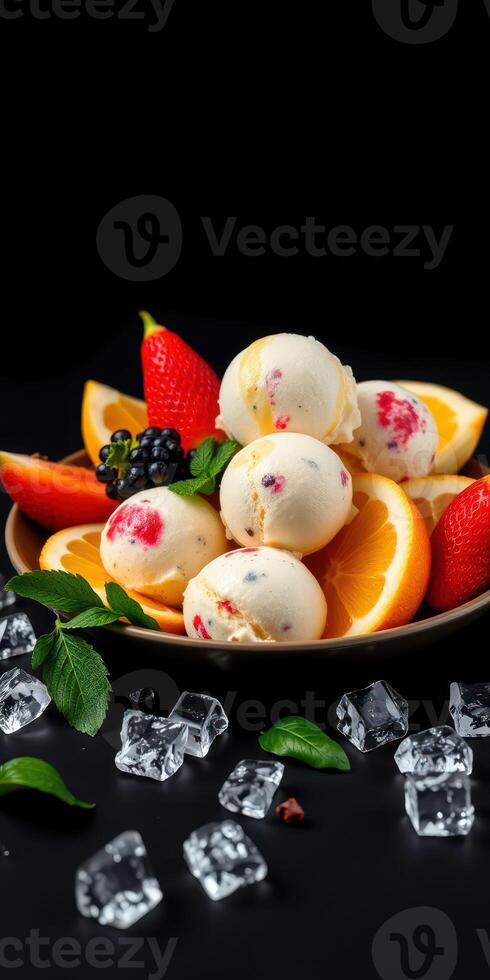 Colorful ice cream scoops arranged on a plate with fresh fruit and ice on a dark background photo