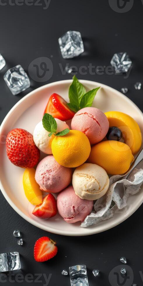 Colorful ice cream dessert served with fresh fruit and decorative ice on a dark background photo
