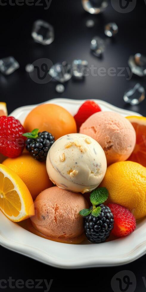 Colorful fruit and ice cream dessert served in a white bowl with fresh berries and citrus slices photo