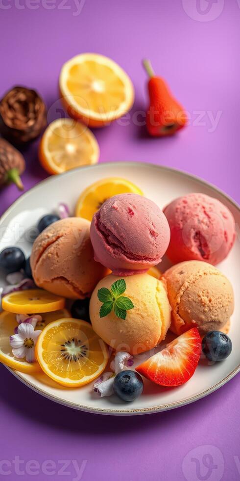 Colorful ice cream scoops served with fresh fruit on a vibrant purple background photo