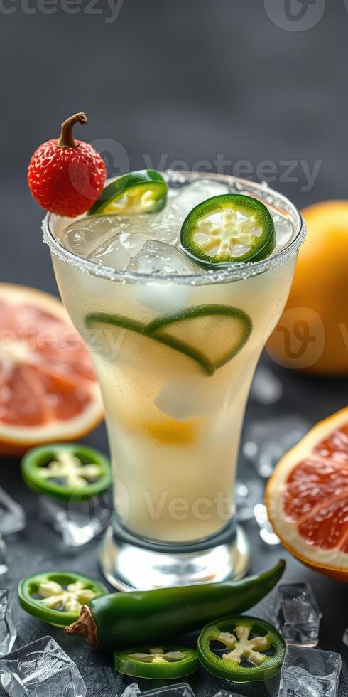 Refreshing cocktail garnished with fresh ingredients, served in a glass with ice and fruits photo