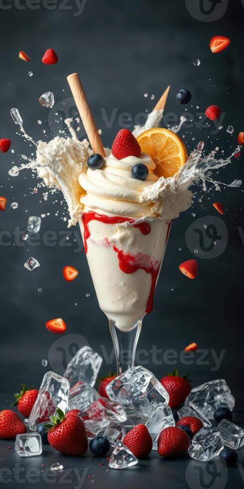 Delicious ice cream sundae topped with fresh fruits and splashing syrup in a creative dessert display photo