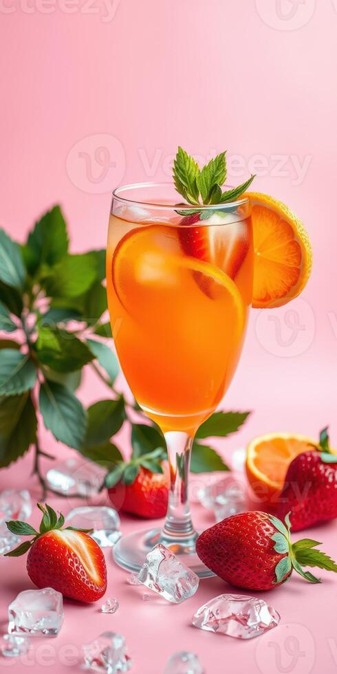 Refreshing fruit cocktail served in a glass with strawberries and mint on a pink backdrop photo