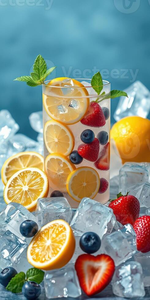 Refreshing summer drink with lemons and mixed berries on ice in a bright setting photo