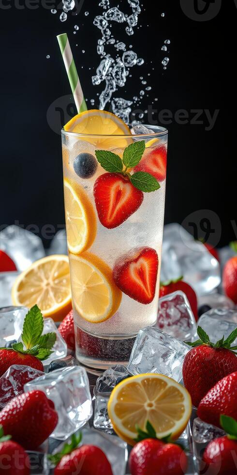Refreshing fruit-infused drink with strawberries and lemons served over ice in dark setting photo