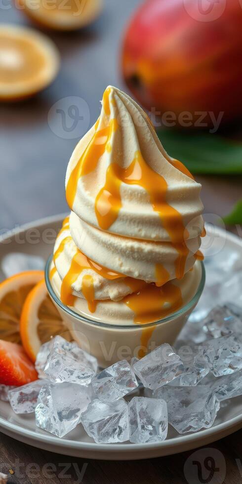 Delicious soft serve ice cream topped with caramel and served on ice with fresh fruit slices photo