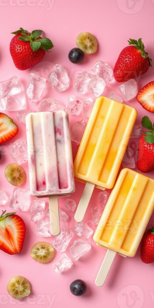 Colorful frozen popsicles surrounded by fresh fruit and ice on a pink background photo