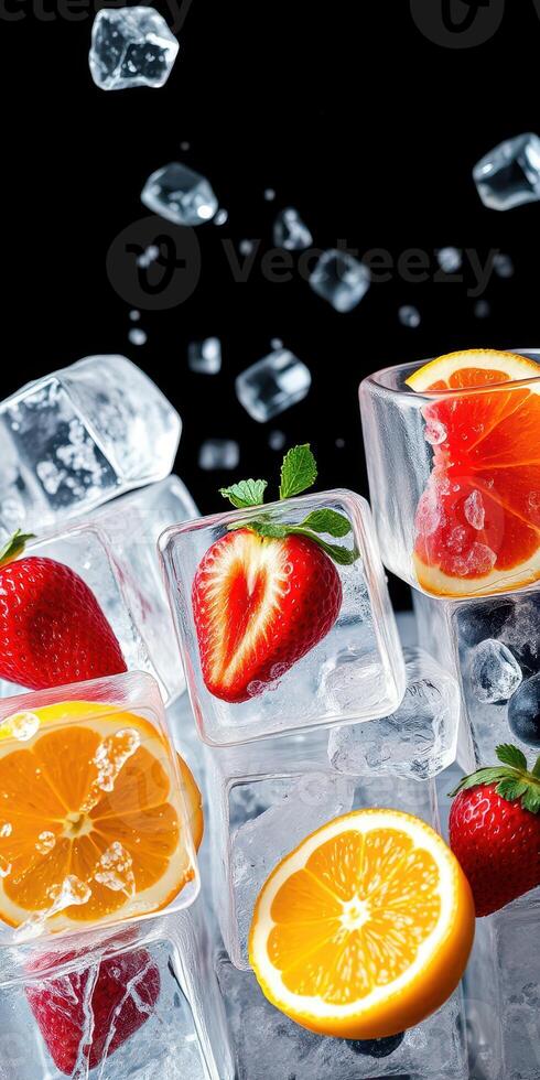 Fresh fruit and ice cubes create a refreshing summer drink display with vibrant colors and textures photo
