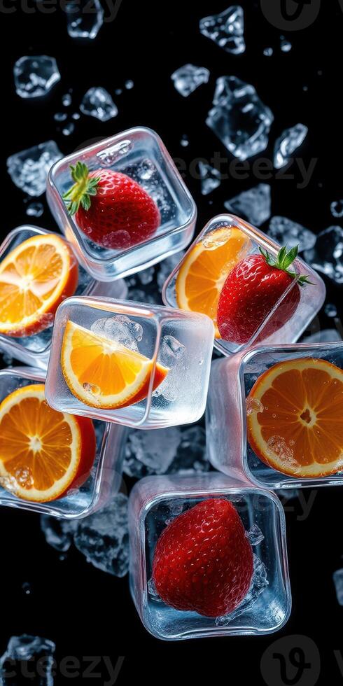 Refreshing cocktail with strawberries and oranges in ice cubes on a dark background photo