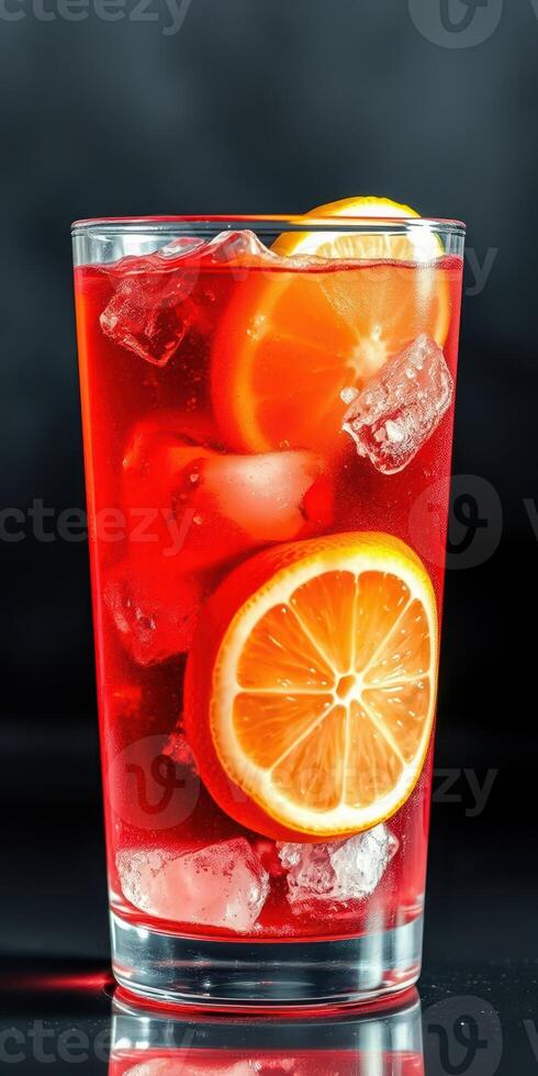 Refreshing fruit drink with ice cubes and citrus slices on a dark background photo