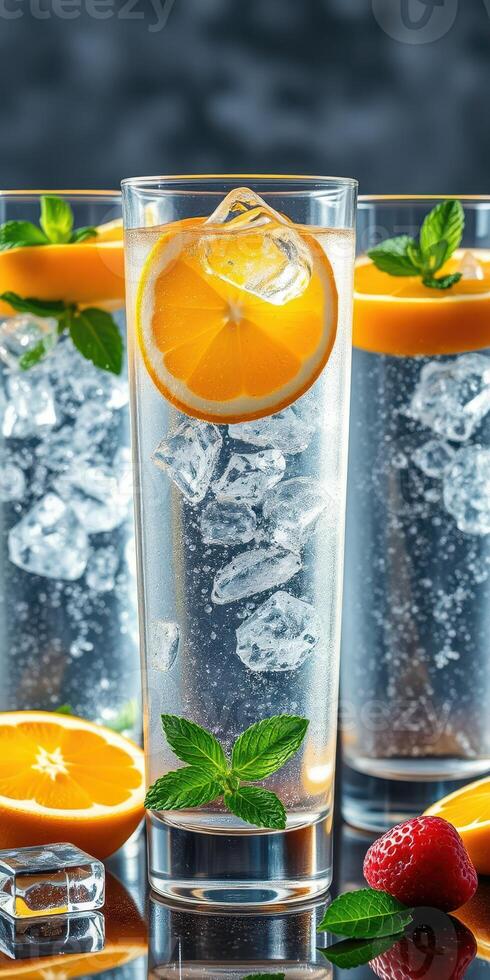Refreshing summer drink with citrus and mint served in tall glasses with ice photo