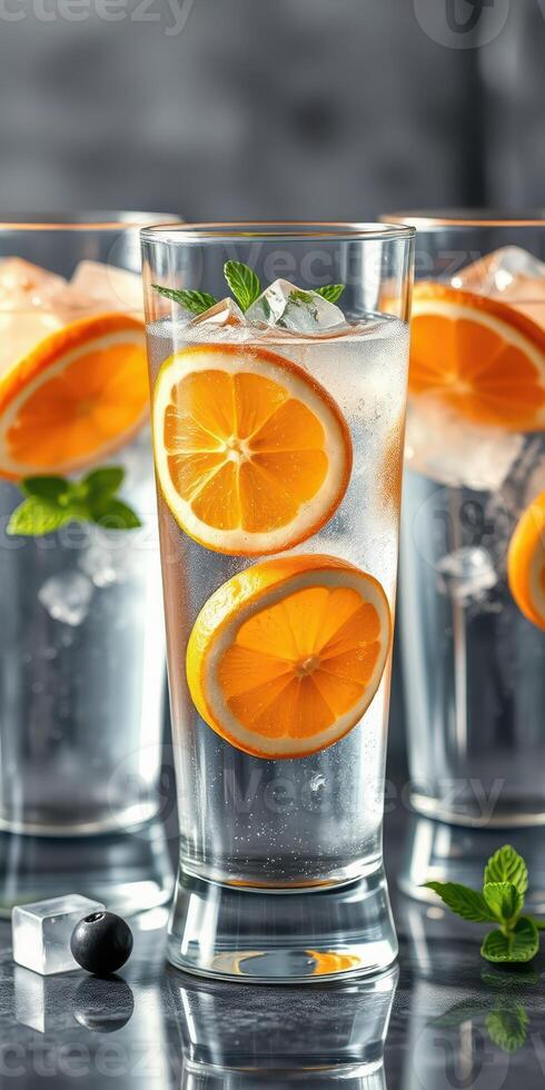 Refreshing citrus beverages with orange slices and mint served in tall glasses on a stylish tabletop photo