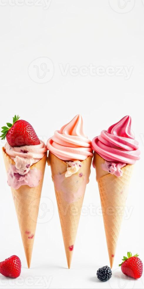 Colorful ice cream cones displayed in a row with fresh strawberries and blackberries on a white background photo