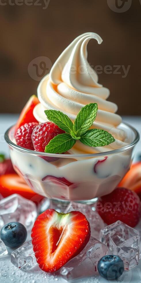 Delicious dessert featuring soft-serve ice cream topped with fresh berries and mint leaves in a glass bowl photo