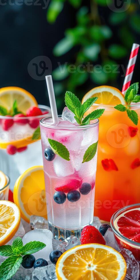Refreshing summer drinks with vibrant fruits and mint on a bright table photo