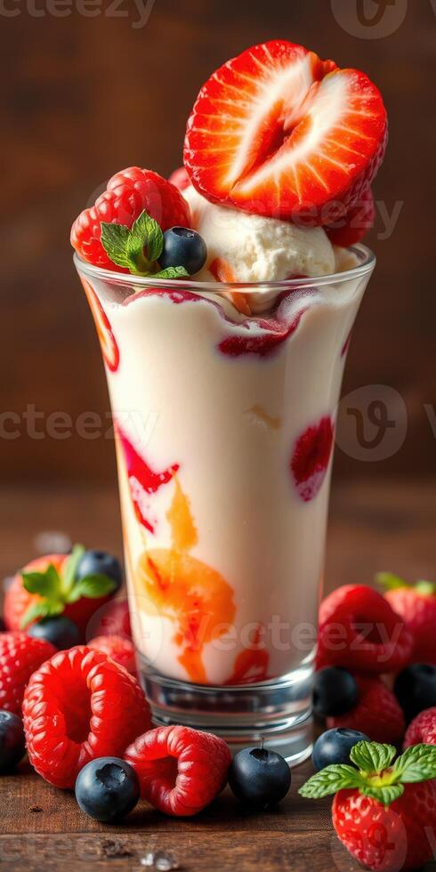 Refreshing summer dessert featuring mixed berries and creamy ice cream served in a tall glass photo