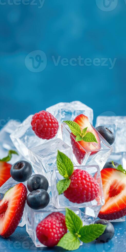 Fresh berries and mint leaves piled on ice cubes create a vibrant summer treat display photo