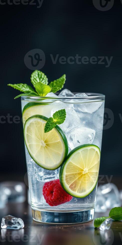 Refreshing beverage with sliced lime, raspberry, and mint leaves on a dark background photo