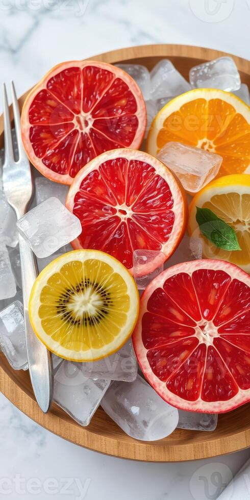 Freshly sliced citrus fruits arranged on ice for a vibrant summer refreshment on a sunny day photo