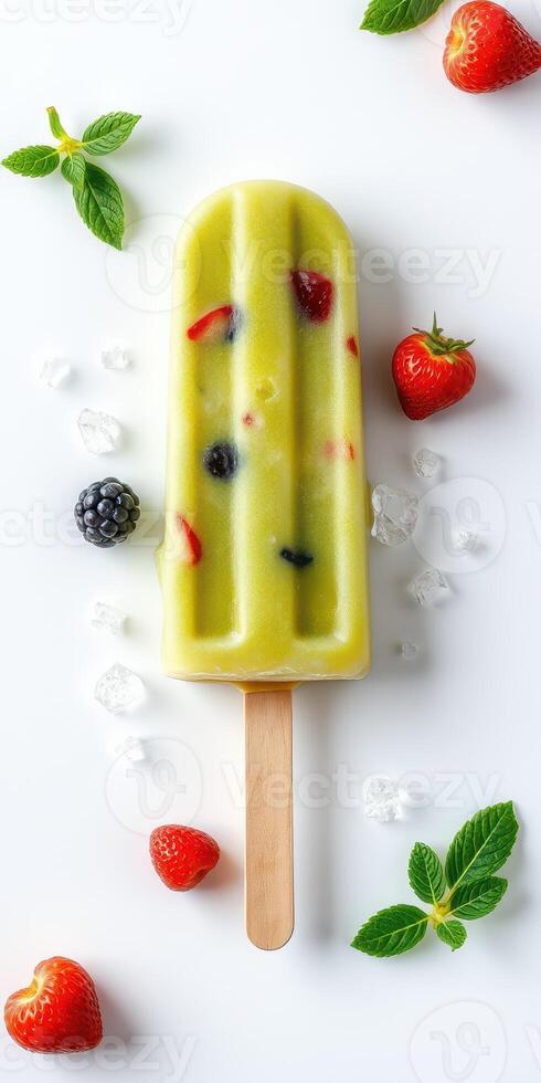 Refreshing fruit popsicle with mixed berries and mint garnished on a white surface photo