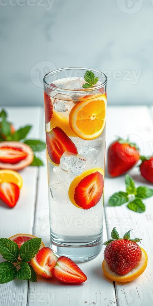 Refreshing fruit-infused drink with strawberries and lemons served in a tall glass on a wooden table photo