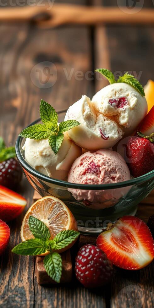 Delicious assortment of ice cream served in a glass bowl with fresh strawberries and mint leaves on a wooden table photo